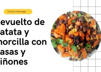 Revuelto de batata y morcilla con pasas y piñones